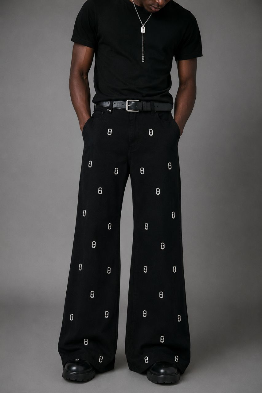 Pop tab pants on model